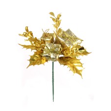Metallic Gold Wreath Pick With Holly Leaves, Boxwood And 3 Packages (Lot of 12 Picks) SALE ITEM